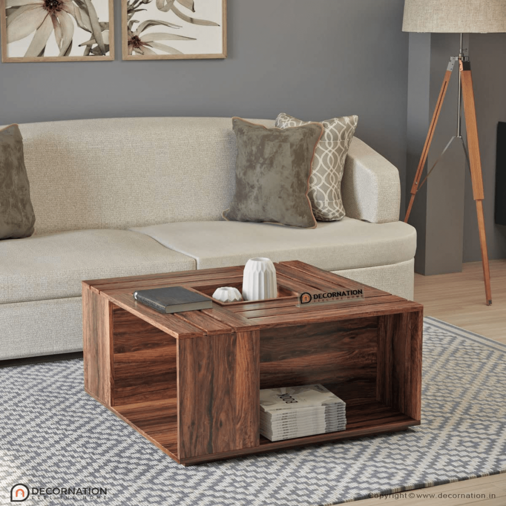 A rustic, natural wooden center table for drawing room, meticulously designed to add class while providing ample storage space.
