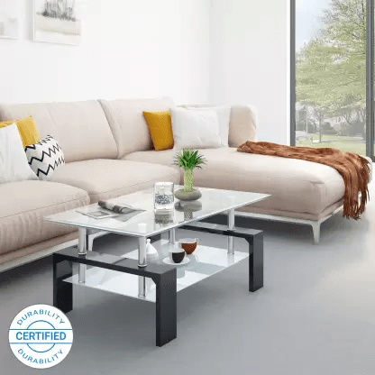 A center table for drawing room with a durable tempered glass finish and black engineered wood frame for adding sturdiness.