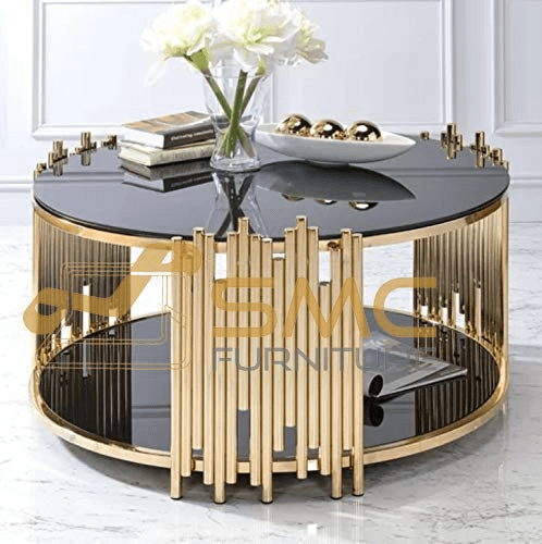 A round-shaped center table with glass top and stainless steel frame. It has a black and gold finish that adds glamour to your room.